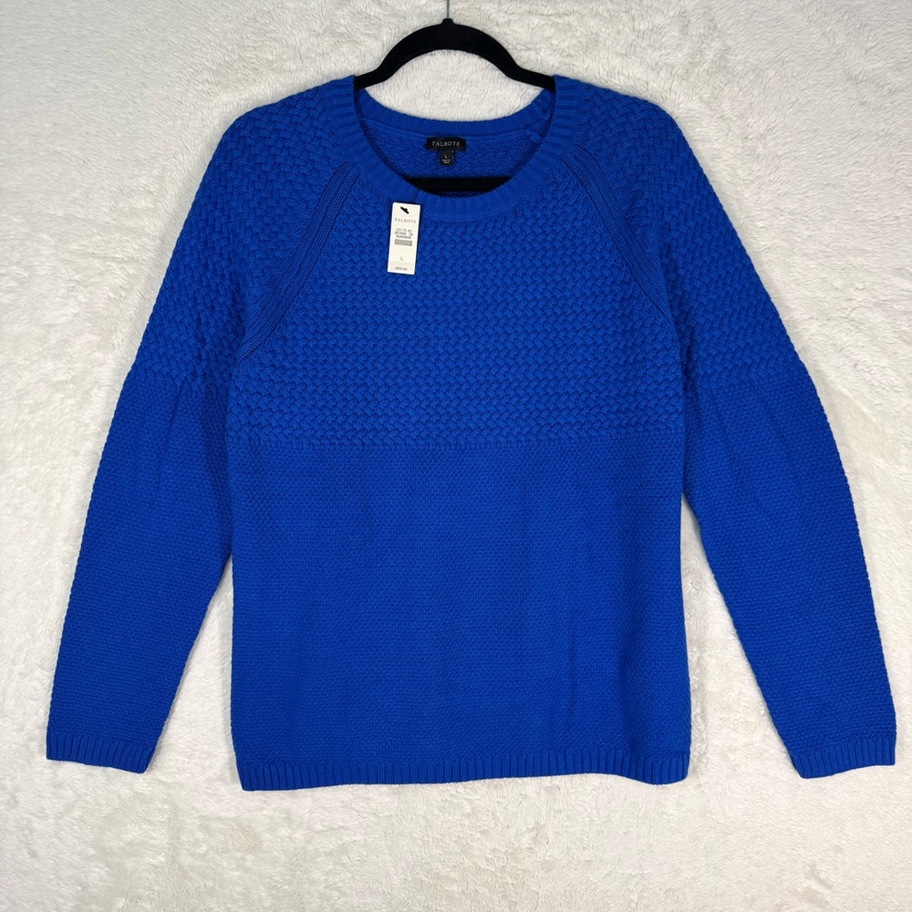 Talbots Sweater Women’s Large Blue Cashmere Blend Cable Knit‎ Preppy Office NEW